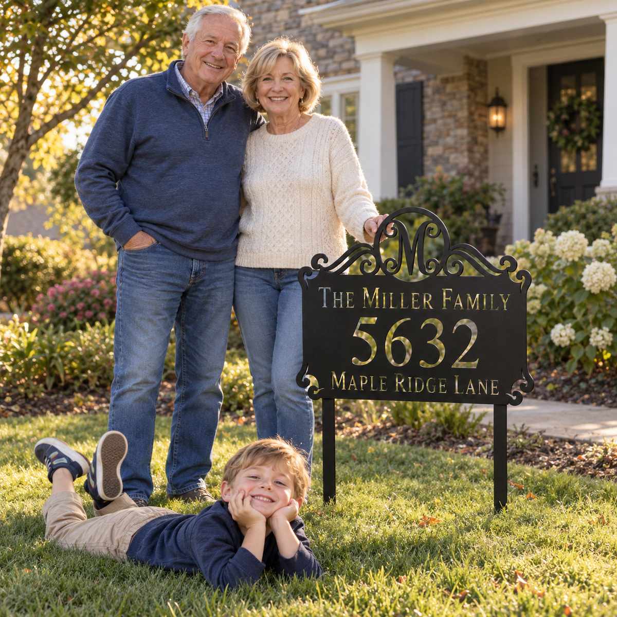 Scroll Monogram metal address sign for yard with family name and house number, view 6