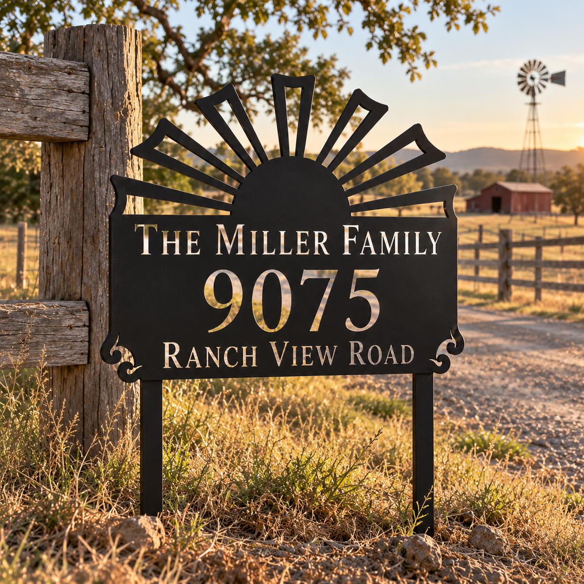 Sunburst metal address sign for yard with family name and house number, view 6