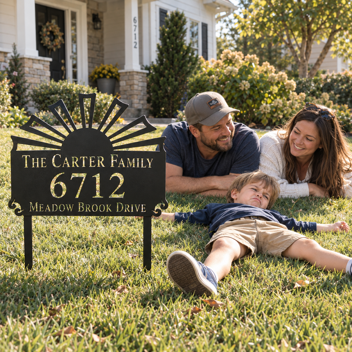 Sunburst metal address sign for yard with family name and house number, view 7