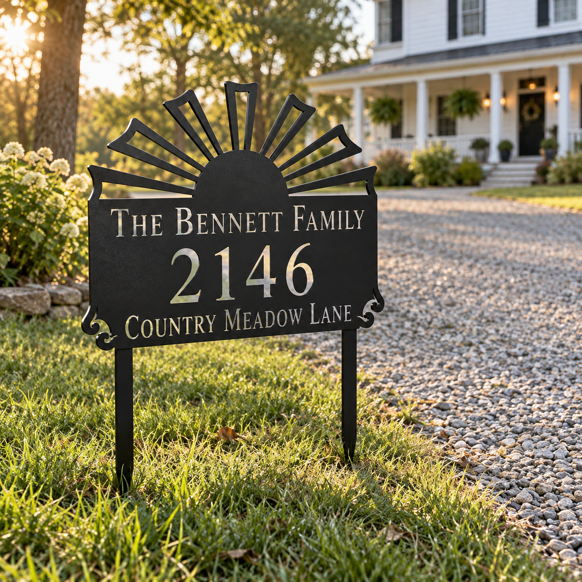 Sunburst metal address sign for yard with family name and house number, view 3