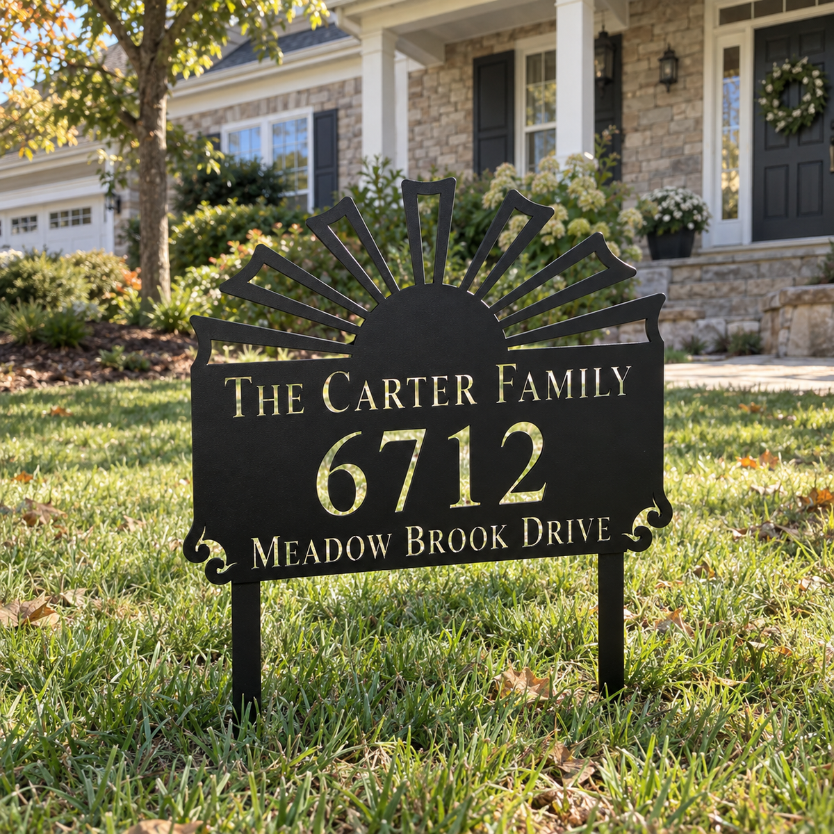 Sunburst metal address sign for yard with family name and house number, view 4
