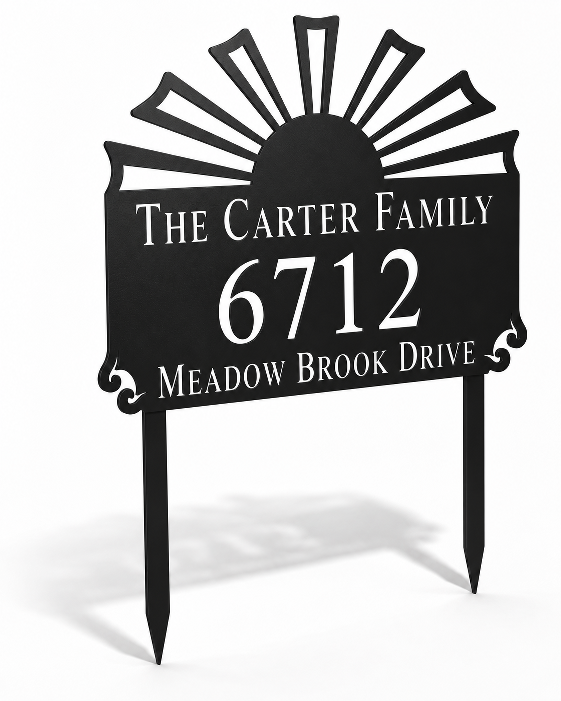 Sunburst metal address sign for yard with family name and house number