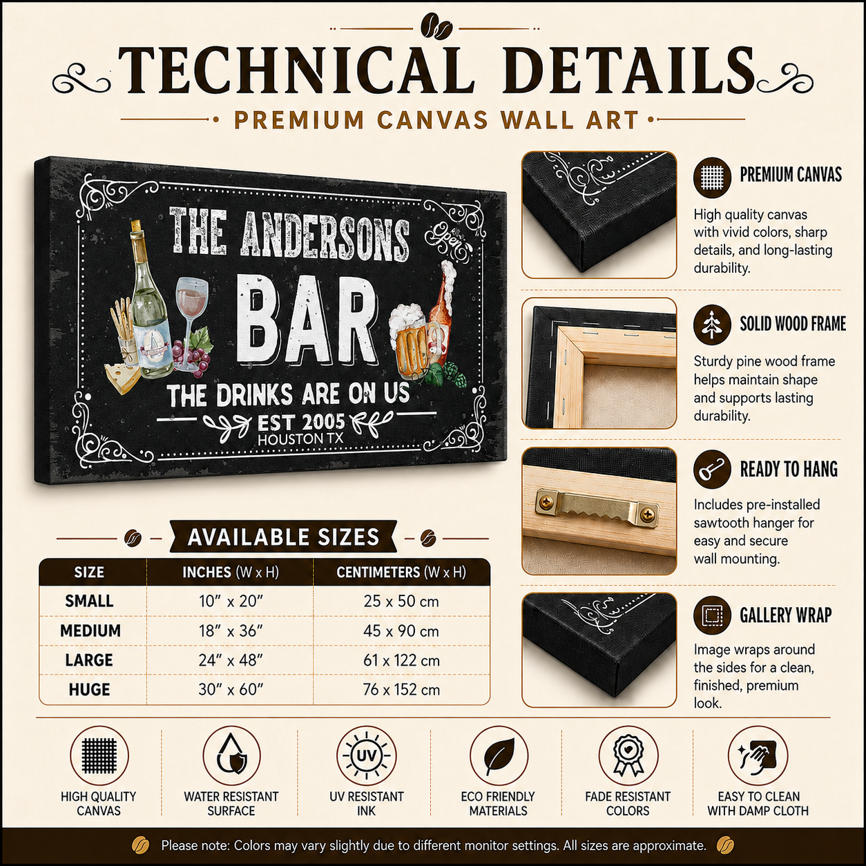 Premium bar canvas wall art – technical details and size guide