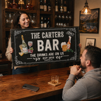 Custom bar canvas sign held in hand – personalized home bar gift