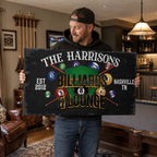 Custom billiards lounge canvas held by man – personalized game room decor