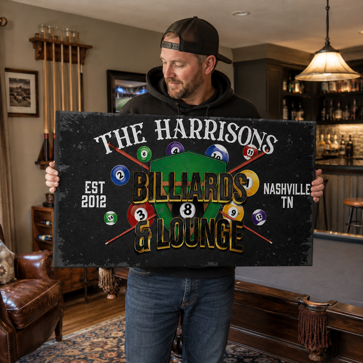 Custom billiards lounge canvas held by man – personalized game room decor