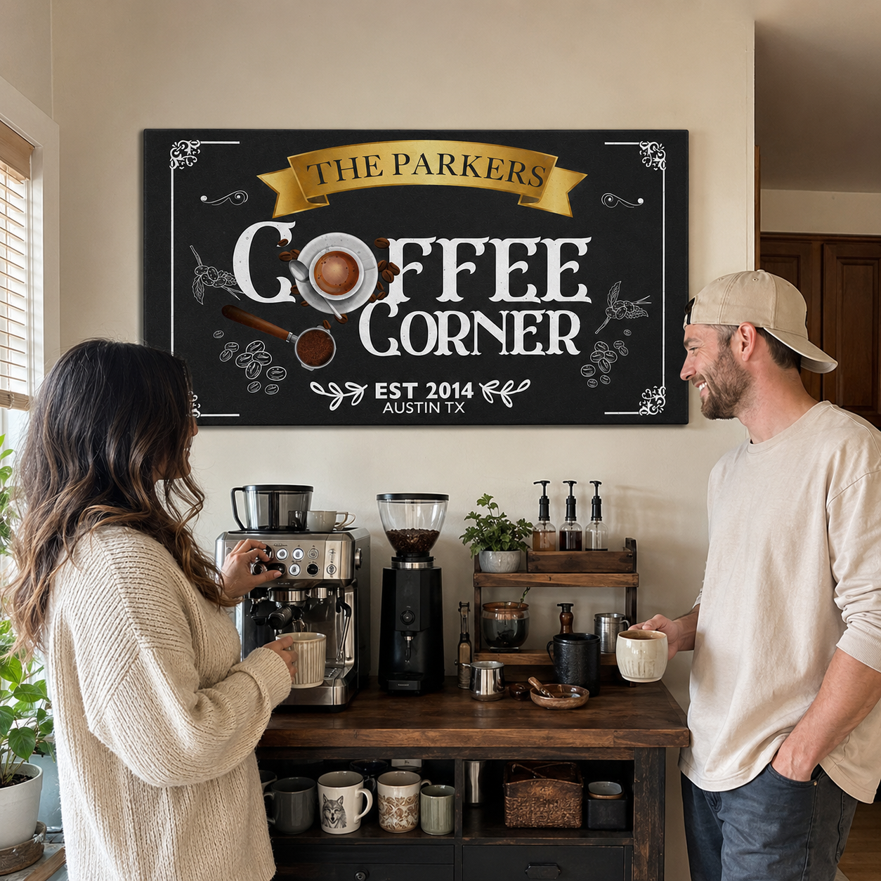 Personalized coffee corner canvas – custom family name kitchen decor