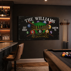 Custom billiards lounge canvas in basement bar – personalized man cave art