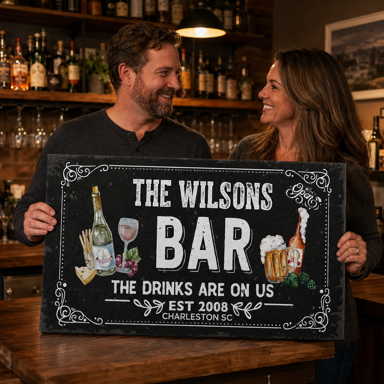 Custom home bar canvas sign for couples – personalized man cave decor