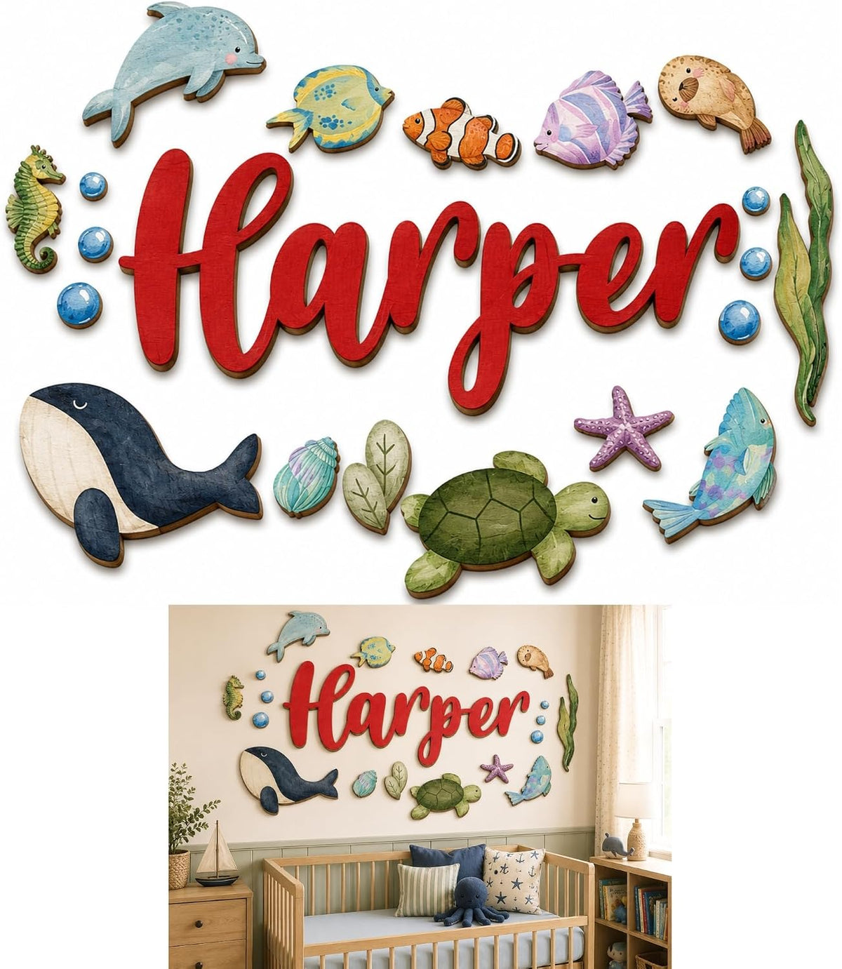Personalized Under the Sea Nursery Name Sign, customized with your text and made to order
