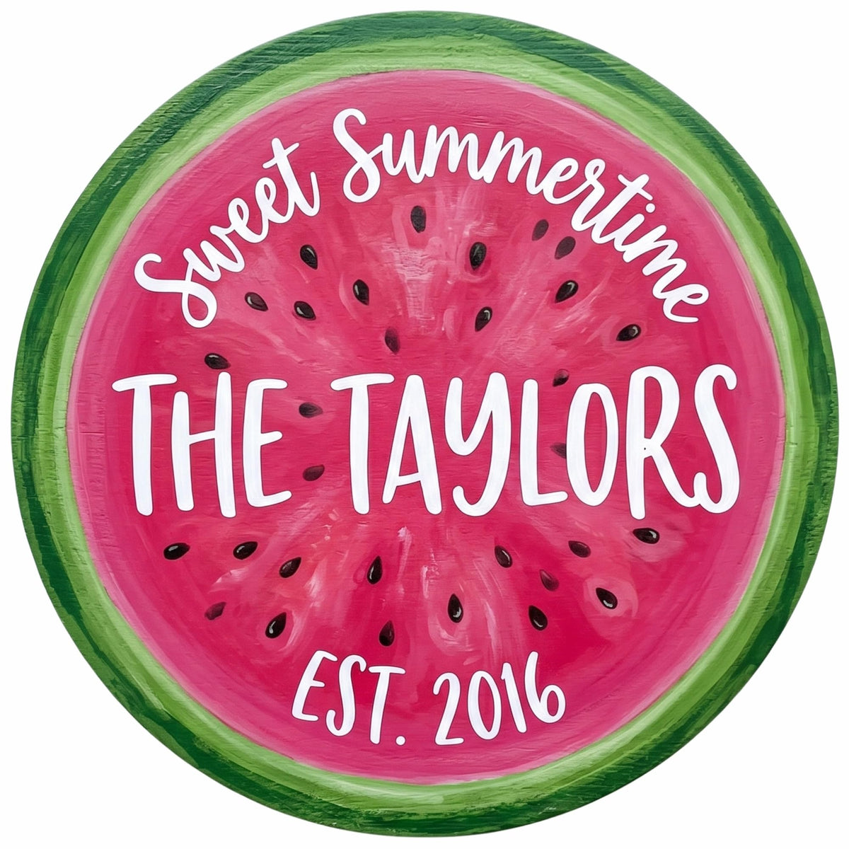 Watermelon family name sign detail showing raised white lettering and established year